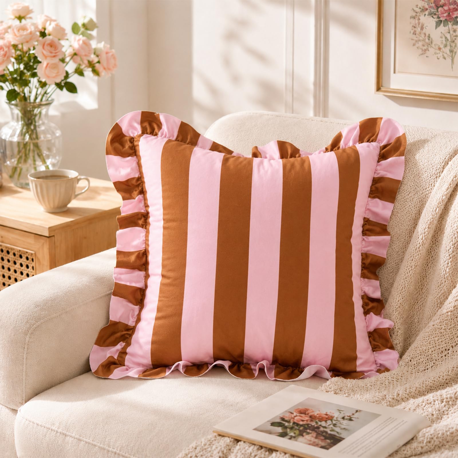 Colorblock Ruffled Velvet Pillow Covers, Set of 2 — Pink and Caramel