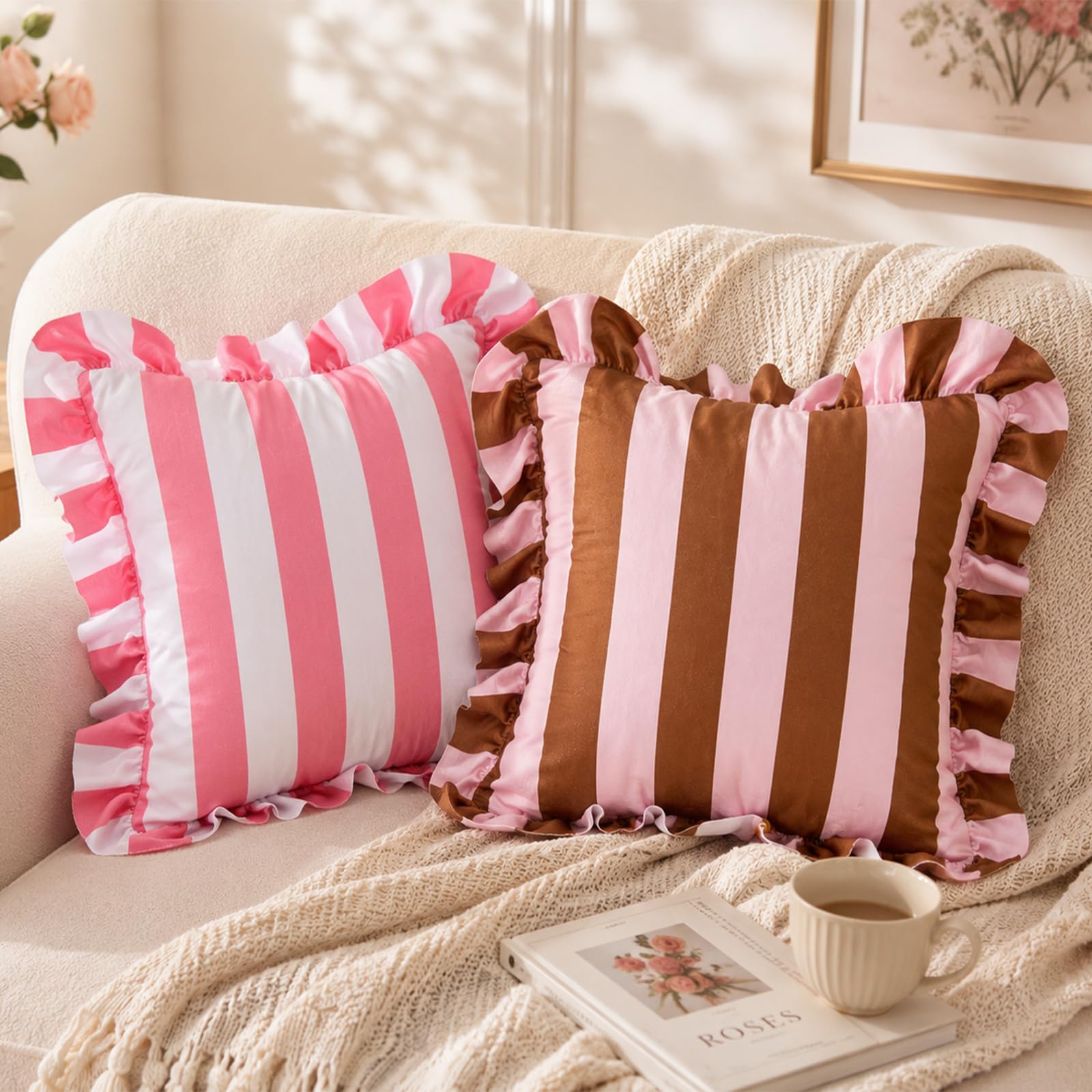 Colorblock Ruffled Velvet Pillow Covers, Set of 2 — Pink and Caramel