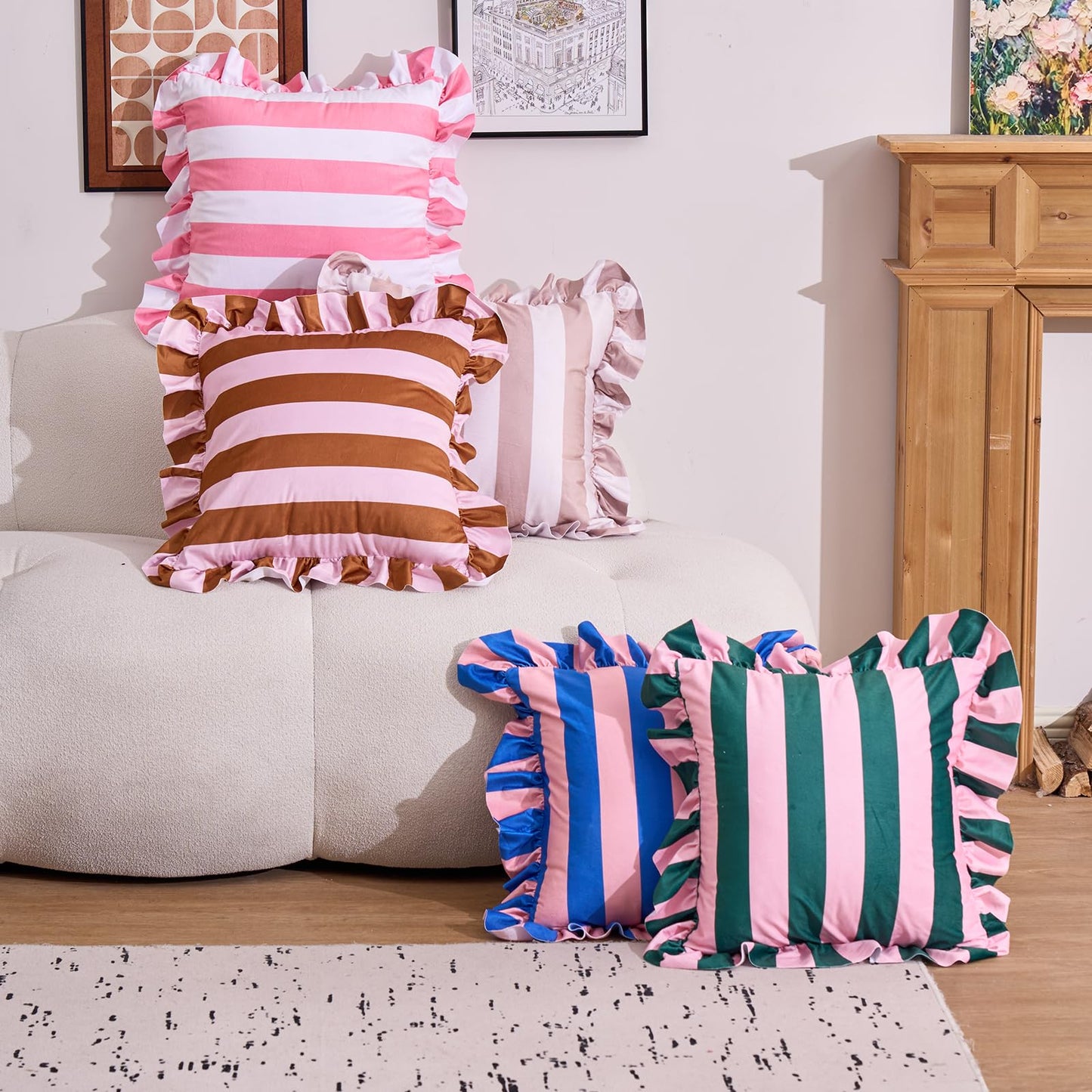 Colorblock Ruffled Velvet Pillow Covers, Set of 2 — Pink and Caramel