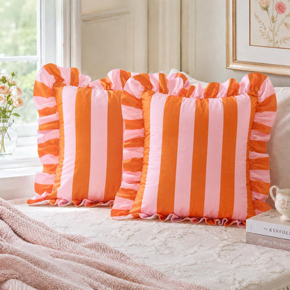 Colorblock Ruffled Velvet Pillow Covers, Set of 2 — Pink and Bright Orange