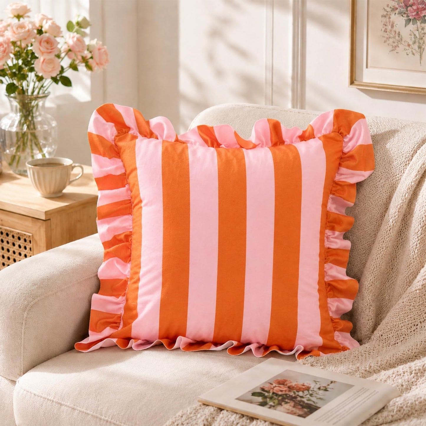 Colorblock Ruffled Velvet Pillow Covers, Set of 2 — Pink and Bright Orange