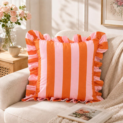 Colorblock Ruffled Velvet Pillow Covers, Set of 2 — Pink and Bright Orange