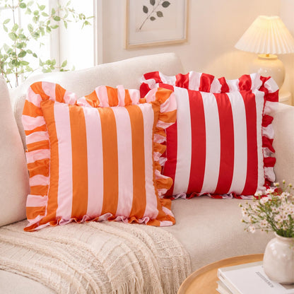 Colorblock Ruffled Velvet Pillow Covers, Set of 2 — Pink and Bright Orange