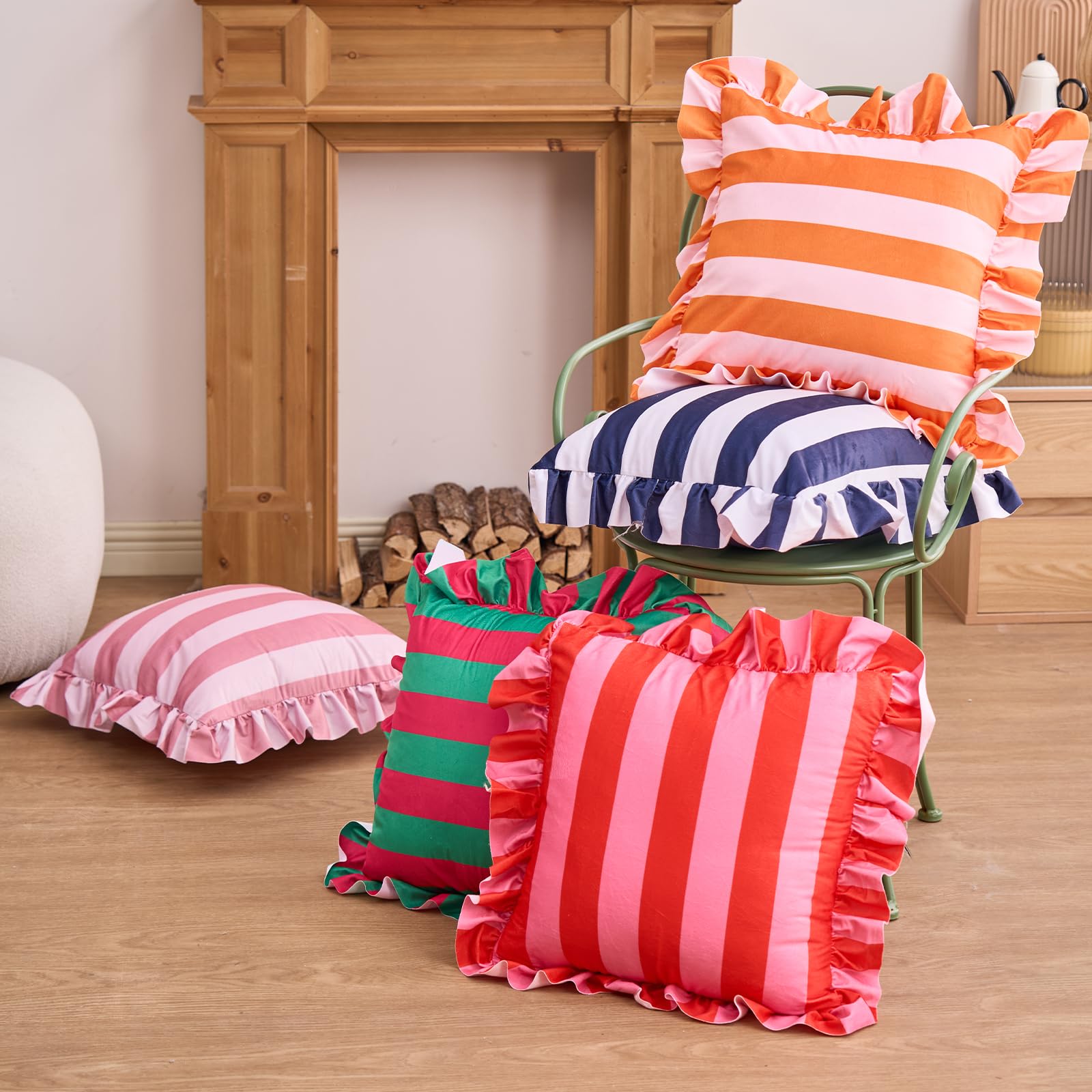 Colorblock Ruffled Velvet Pillow Covers, Set of 2 — Pink and Bright Orange
