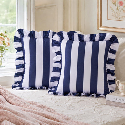 Colorblock Ruffled Velvet Pillow Covers, Set of 2 — Navy Blue and White