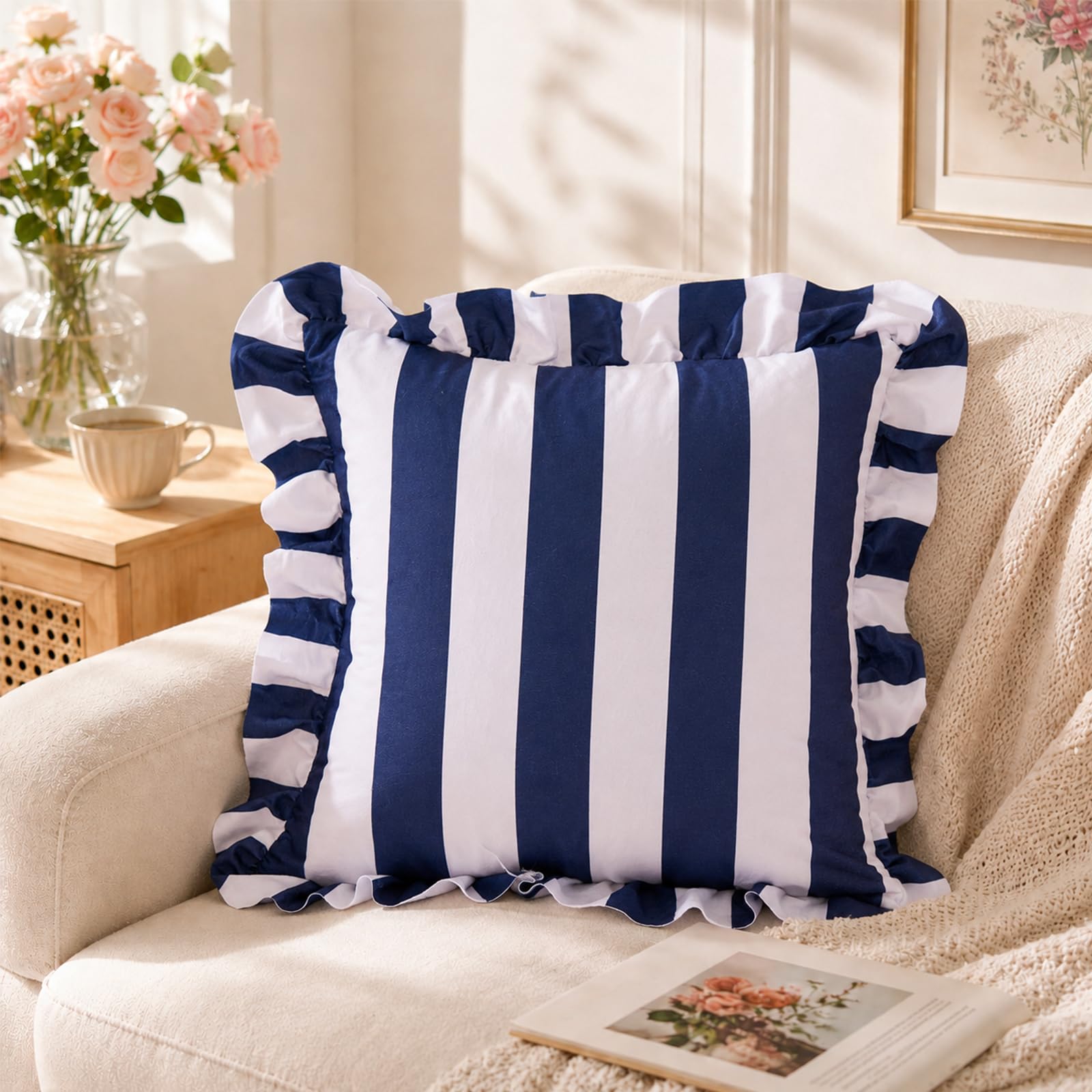 Colorblock Ruffled Velvet Pillow Covers, Set of 2 — Navy Blue and White