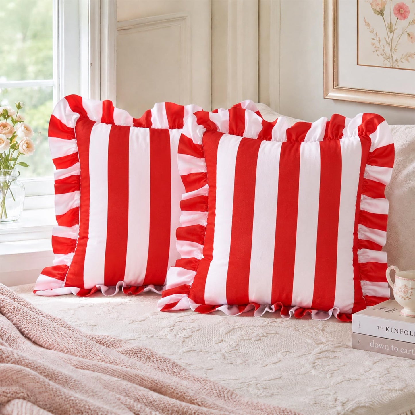 Colorblock Ruffled Velvet Pillow Covers, Set of 2 — Red and White