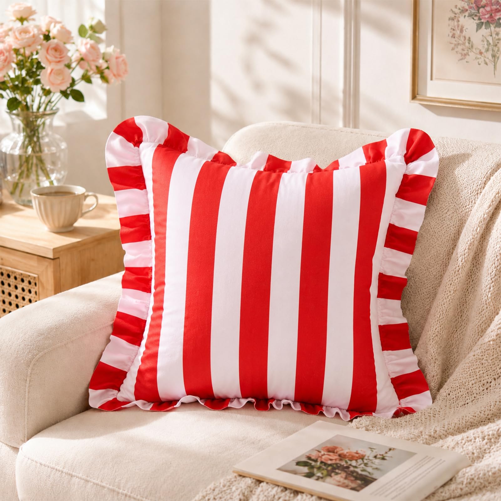Colorblock Ruffled Velvet Pillow Covers, Set of 2 — Red and White