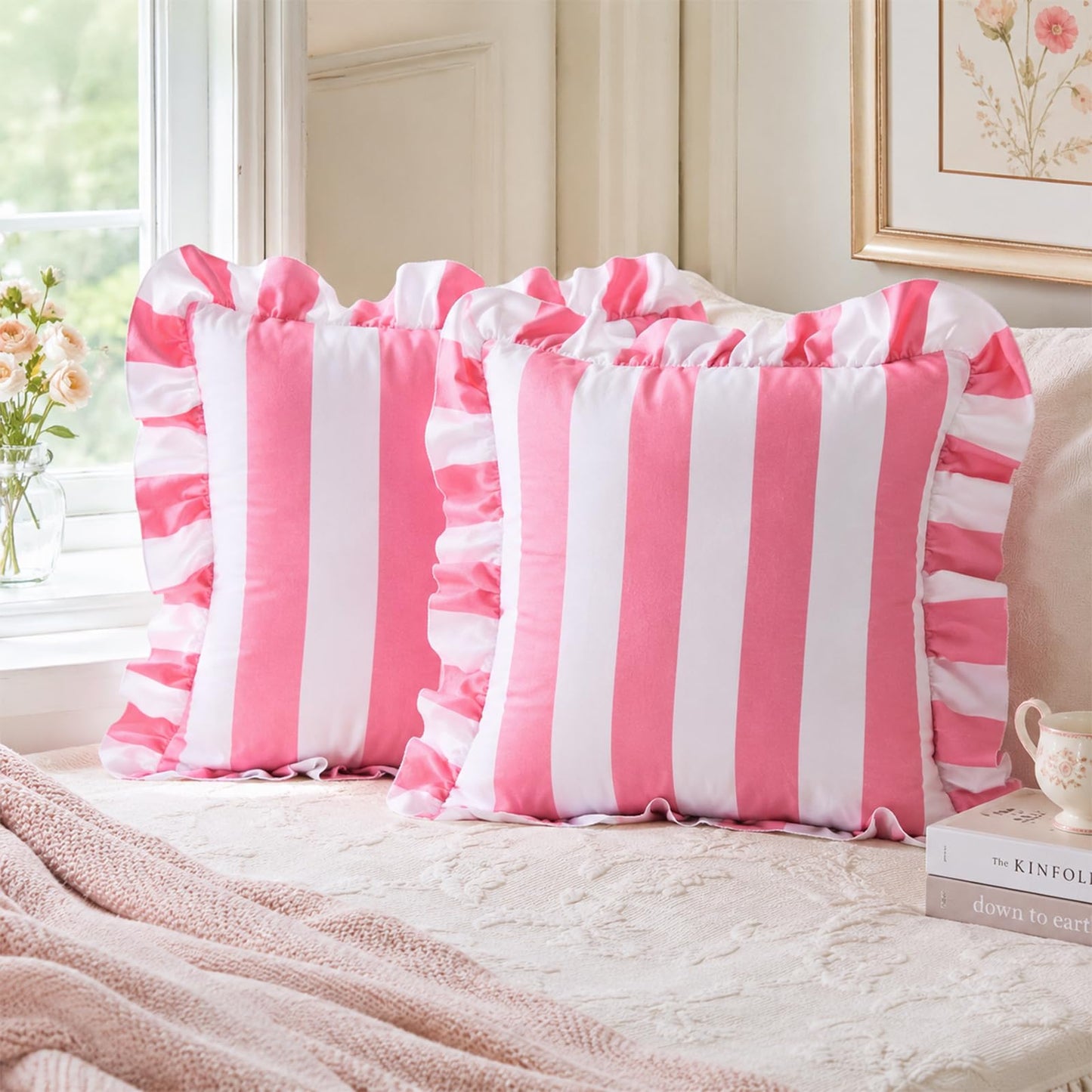 Colorblock Ruffled Velvet Pillow Covers, Set of 2 — Pink and White