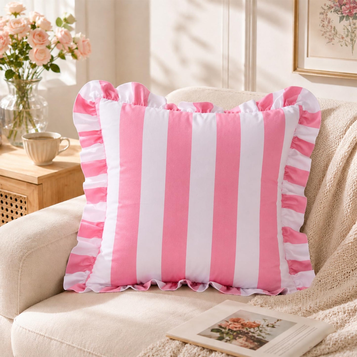 Colorblock Ruffled Velvet Pillow Covers, Set of 2 — Pink and White