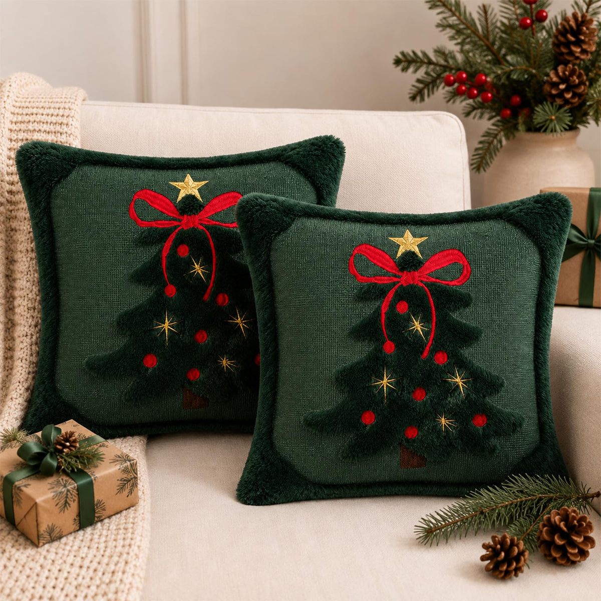 Tufted Christmas Tree Pillow Covers with Bows - Dark Green Red Bow