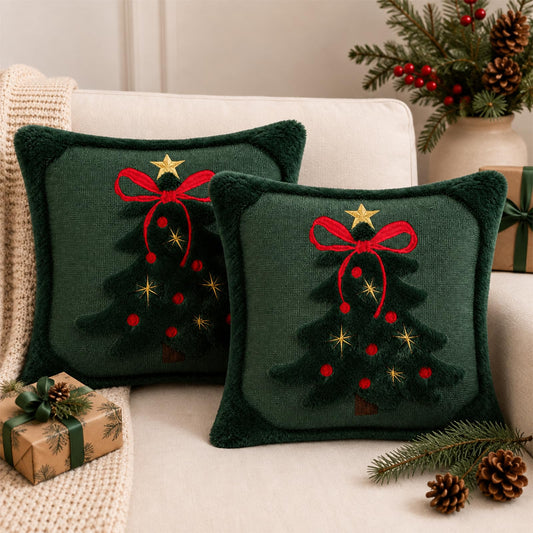 Tufted Christmas Tree Pillow Covers with Bows - Dark Green Red Bow