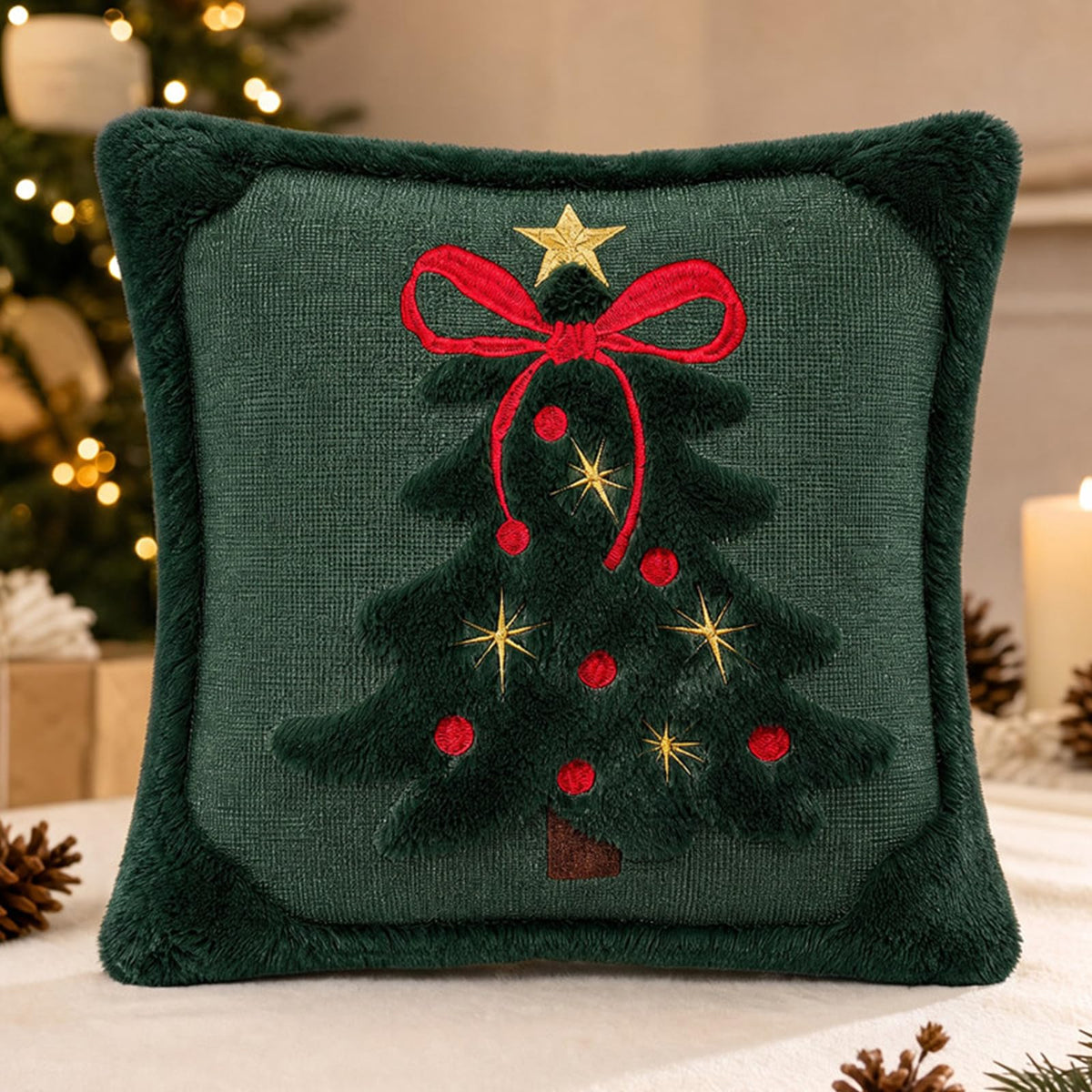 Tufted Christmas Tree Pillow Covers with Bows - Dark Green Red Bow