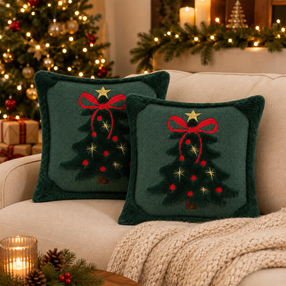 Tufted Christmas Tree Pillow Covers with Bows - Dark Green Red Bow