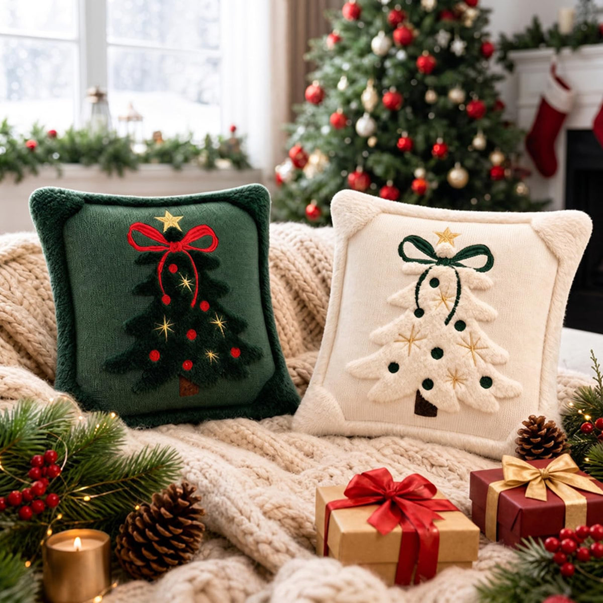Tufted Christmas Tree Pillow Covers with Bows - Dark Green Red Bow