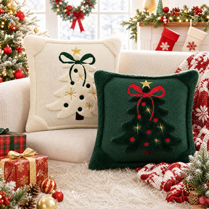 Tufted Christmas Tree Pillow Covers with Bows - Dark Green Red Bow