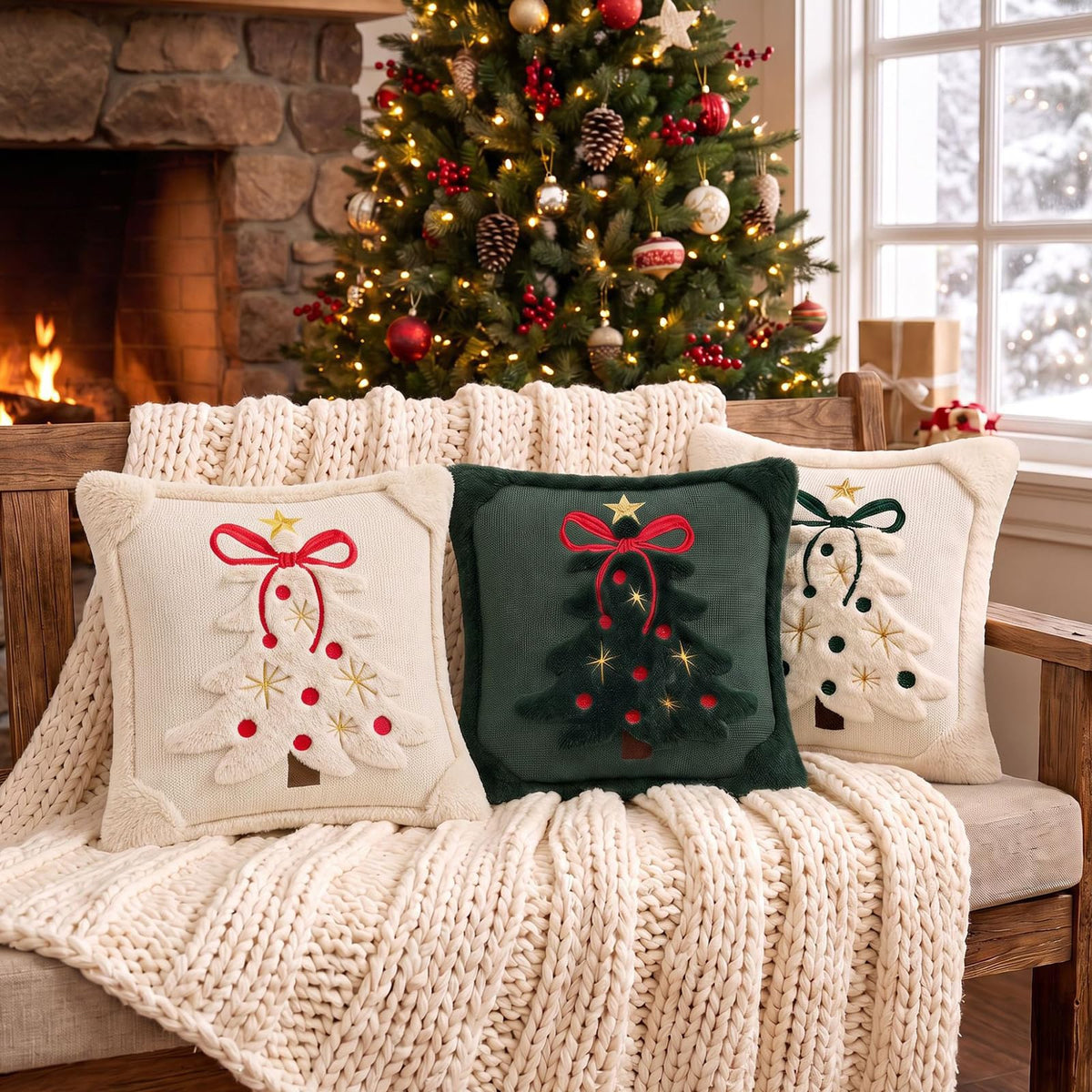 Tufted Christmas Tree Pillow Covers with Bows - Dark Green Red Bow