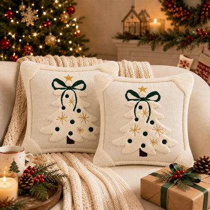 Tufted Christmas Tree Pillow Covers with Bows - Ivory White Green Bow