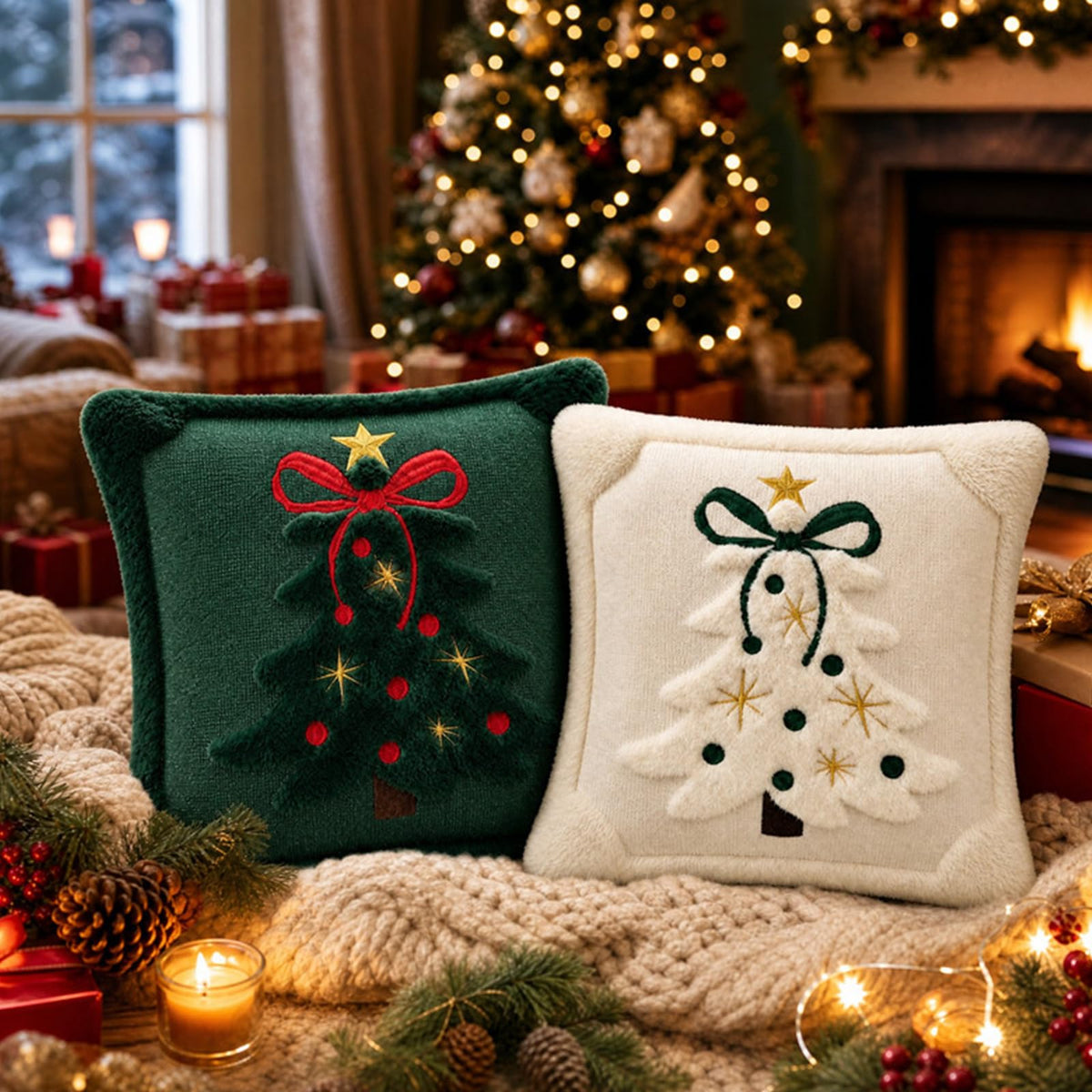 Tufted Christmas Tree Pillow Covers with Bows - Ivory White Green Bow