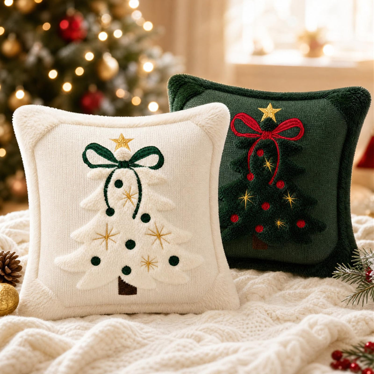 Tufted Christmas Tree Pillow Covers with Bows - Ivory White Green Bow