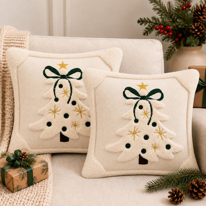 Tufted Christmas Tree Pillow Covers with Bows - Ivory White Green Bow