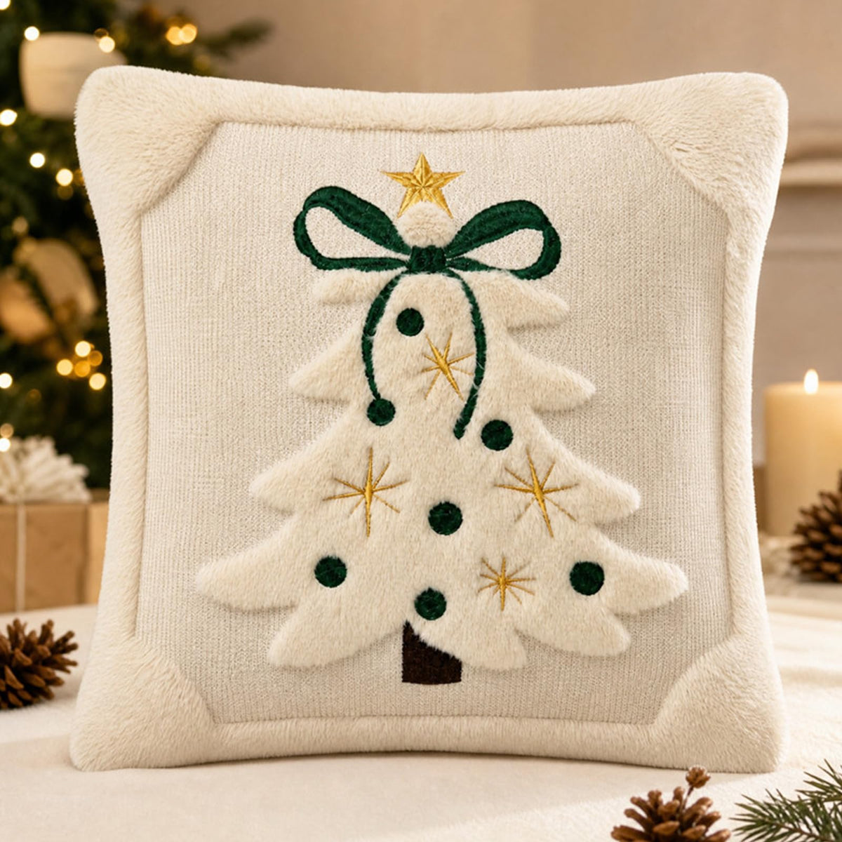 Tufted Christmas Tree Pillow Covers with Bows - Ivory White Green Bow