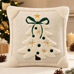 Tufted Christmas Tree Pillow Covers with Bows - Ivory White Green Bow