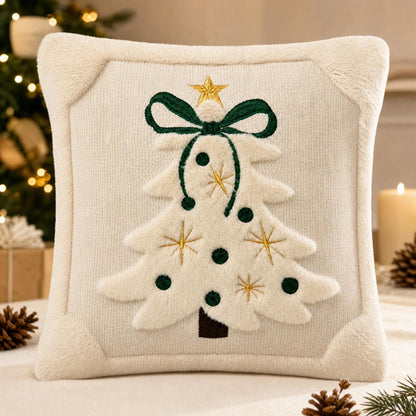 Tufted Christmas Tree Pillow Covers with Bows - Ivory White Green Bow