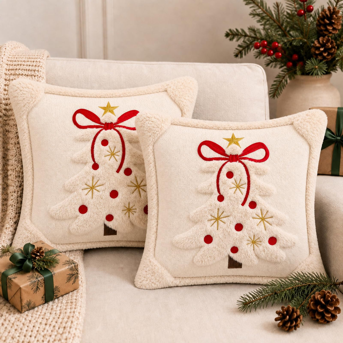 Tufted Christmas Tree Pillow Covers with Bows - Ivory White Red Bow