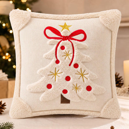 Tufted Christmas Tree Pillow Covers with Bows - Ivory White Red Bow