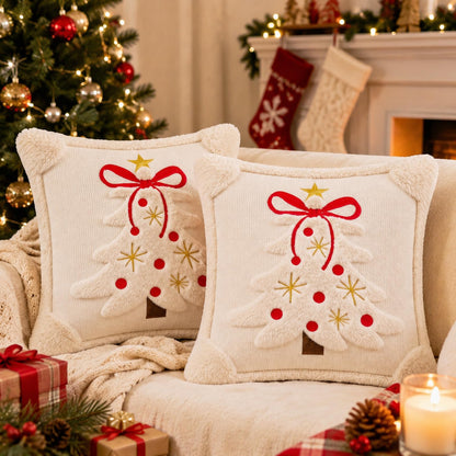 Tufted Christmas Tree Pillow Covers with Bows - Ivory White Red Bow