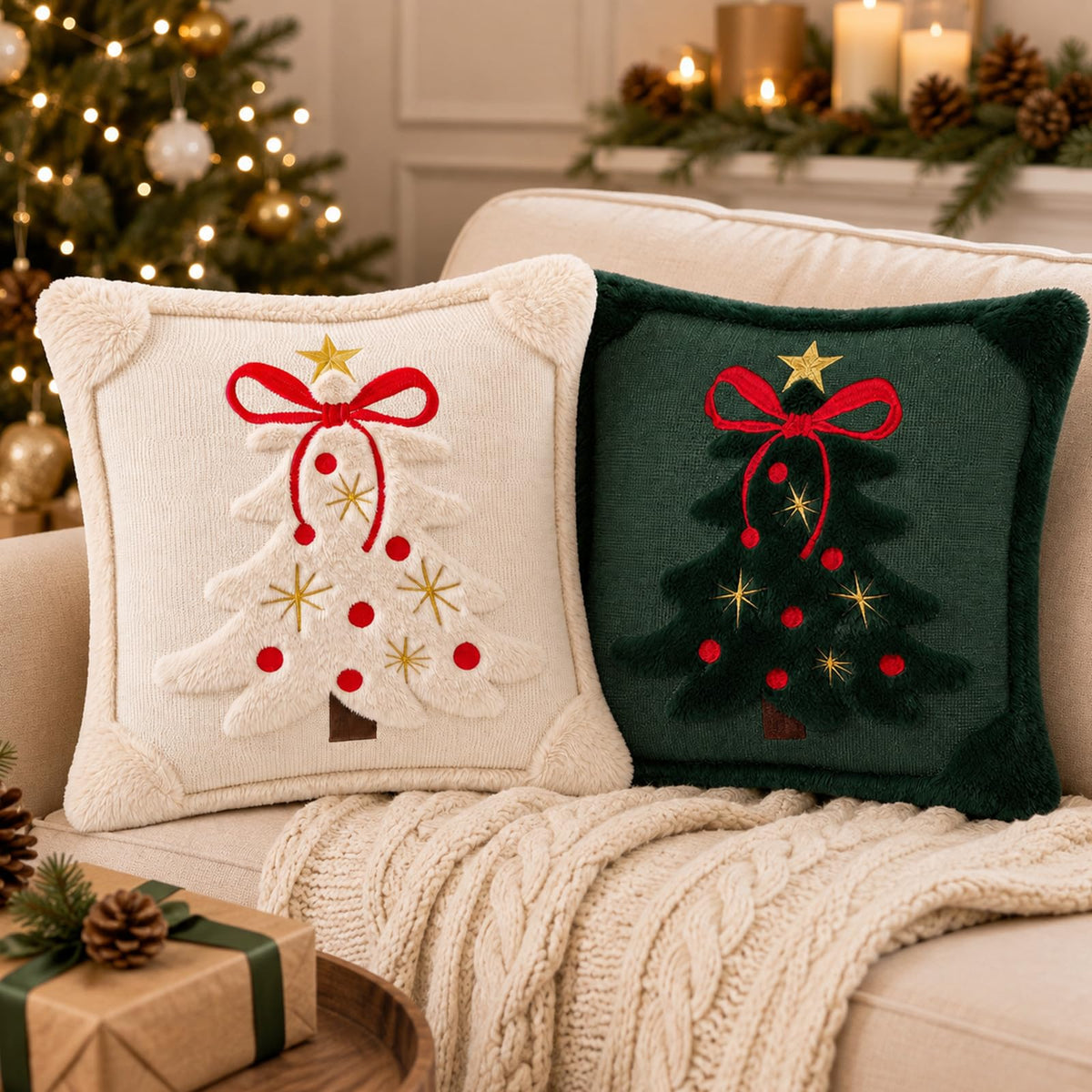 Tufted Christmas Tree Pillow Covers with Bows - Ivory White Red Bow