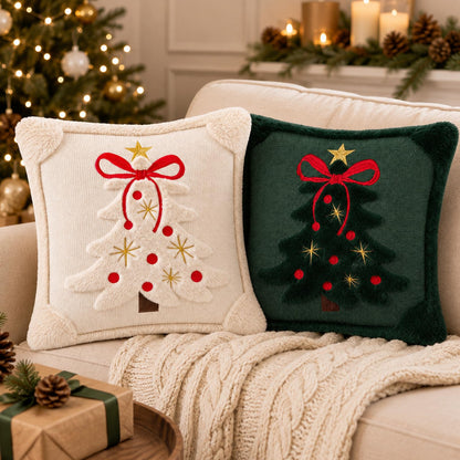 Tufted Christmas Tree Pillow Covers with Bows - Ivory White Red Bow