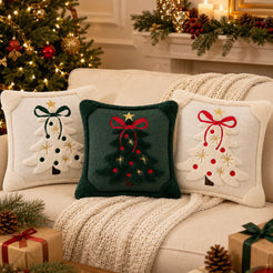 Tufted Christmas Tree Pillow Covers with Bows - Ivory White Red Bow