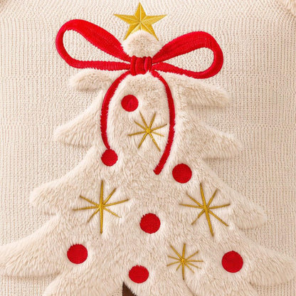 Tufted Christmas Tree Pillow Covers with Bows - Ivory White Red Bow