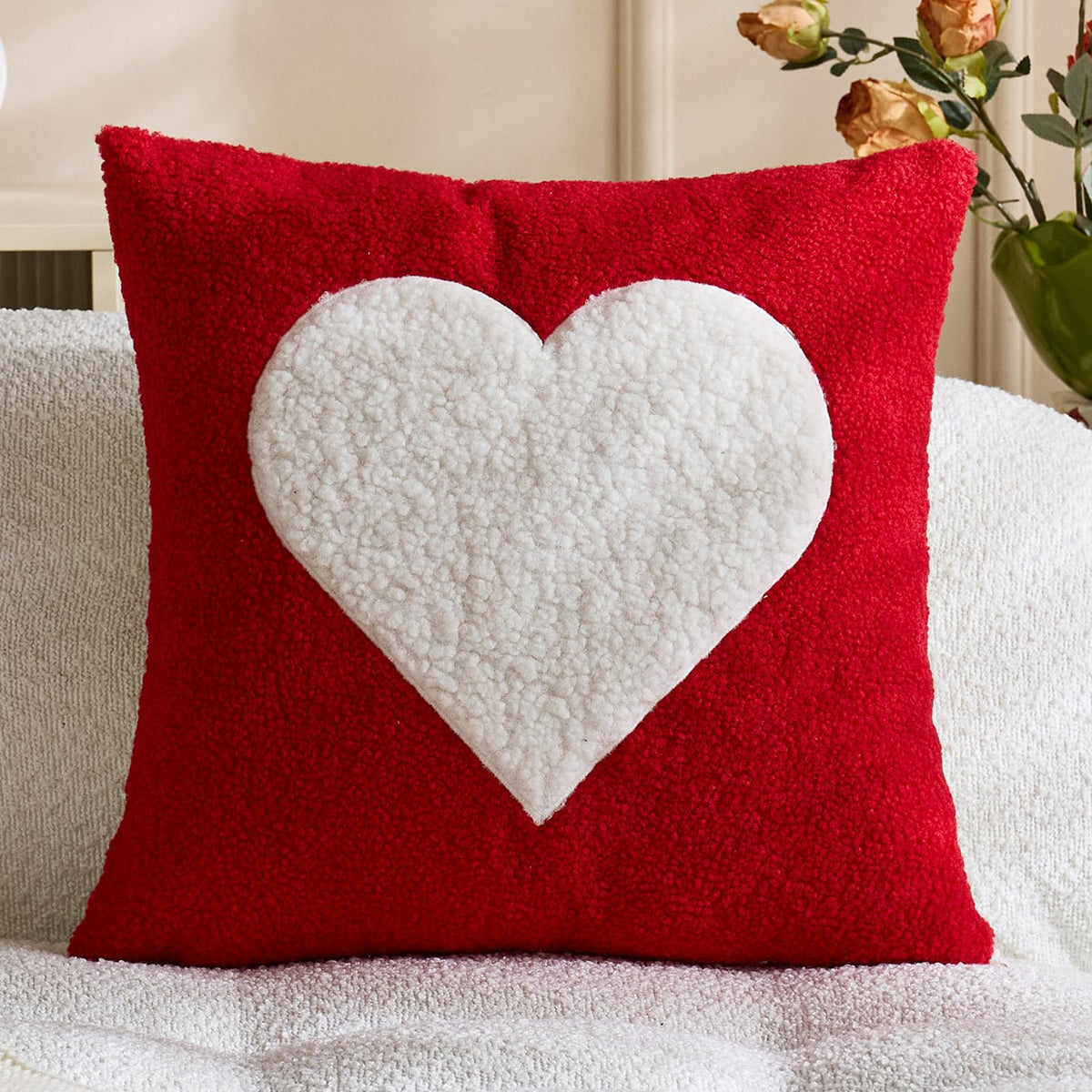Textured Heart Pillow Covers - Red with White Heart