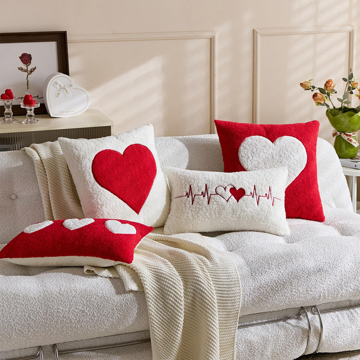 Textured Heart Pillow Covers - Red with White Heart