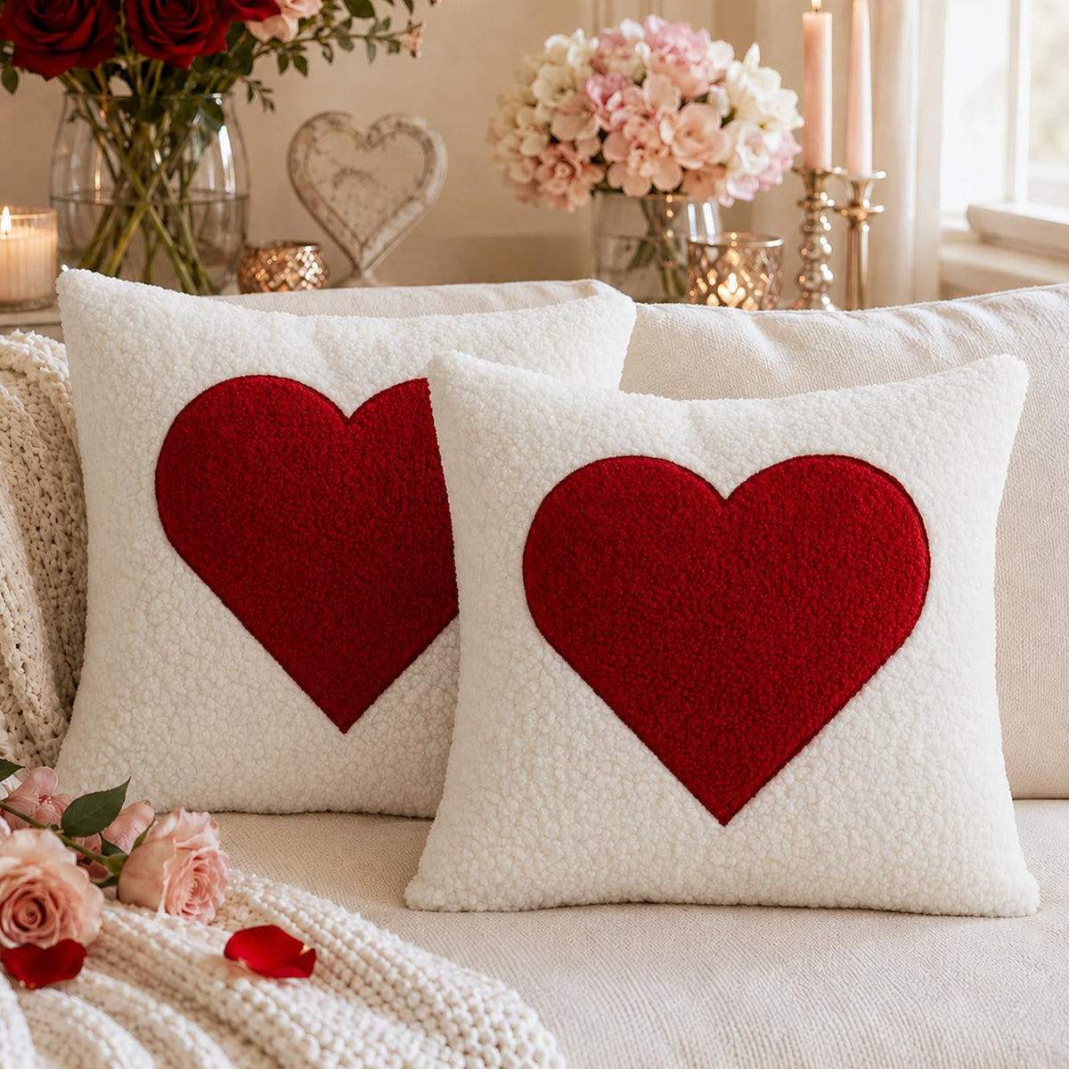 Textured Heart Pillow Covers - White with Red Heart