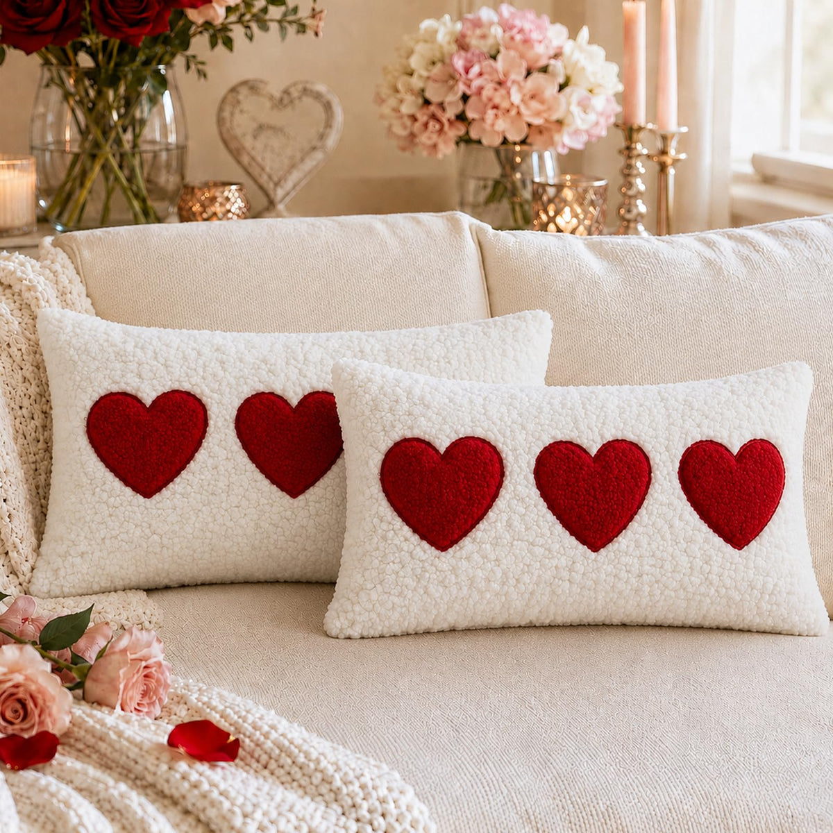 Textured Heart Pillow Covers - White with Red Heart