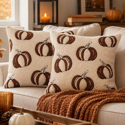 Textured Heart Pillow Covers - Ivory with Multiple Pumpkins