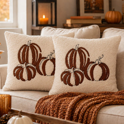 Textured Heart Pillow Covers - Ivory with Three Pumpkins