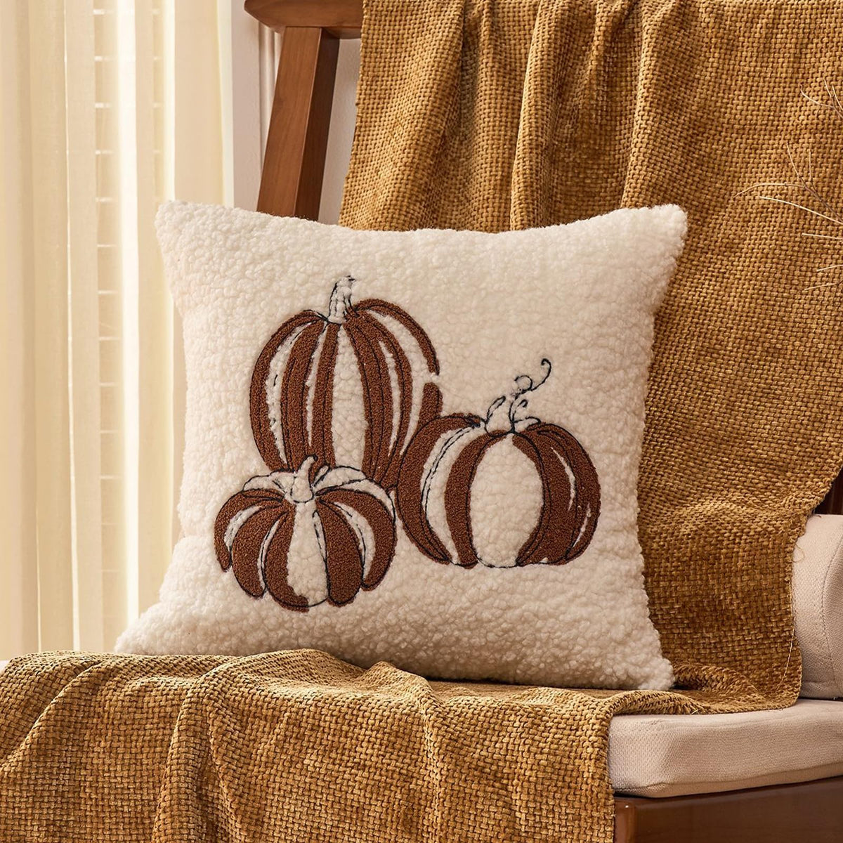 Textured Heart Pillow Covers - Ivory with Three Pumpkins