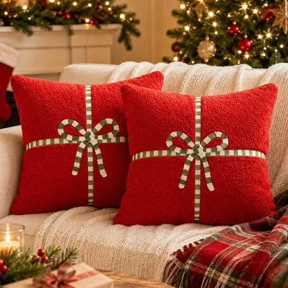 Textured Heart Pillow Covers - Christmas Red with Bow