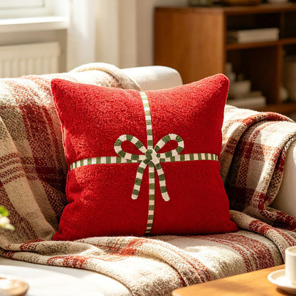 Textured Heart Pillow Covers - Christmas Red with Bow