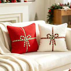 Textured Heart Pillow Covers - Christmas Red with Bow