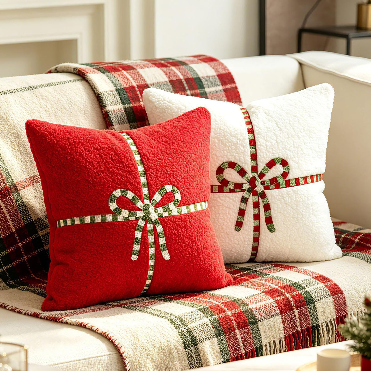 Textured Heart Pillow Covers - Christmas Red with Bow