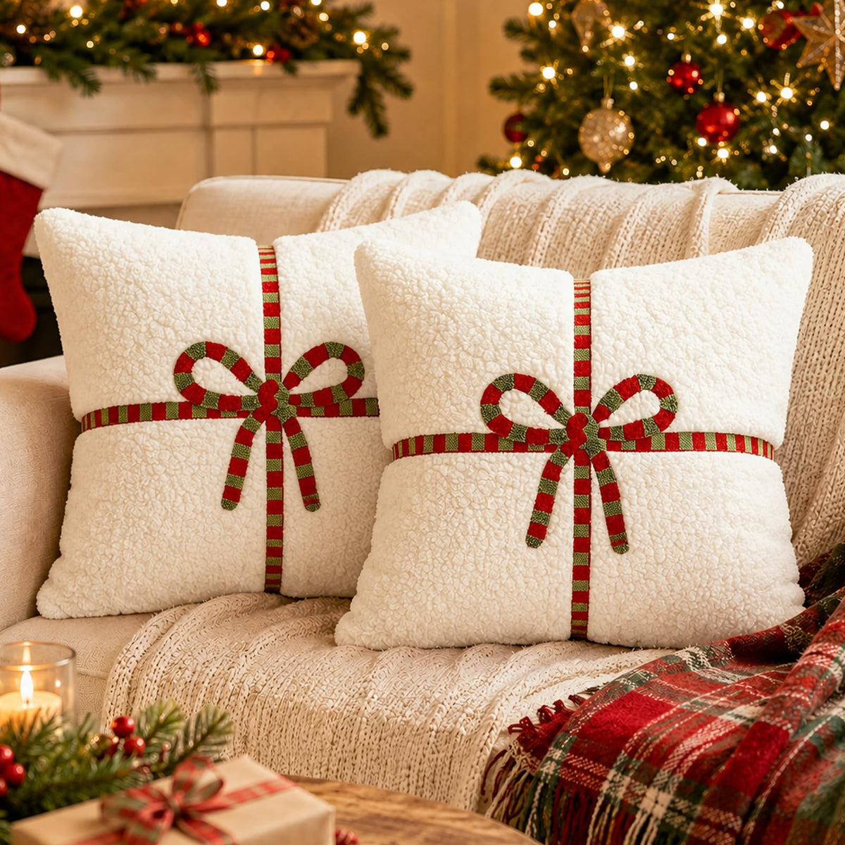 Textured Heart Pillow Covers - Ivory White with Bow