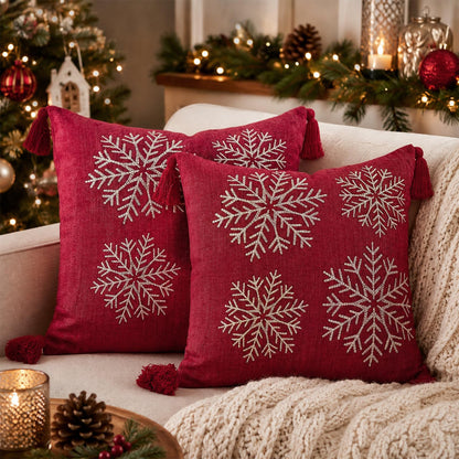 Tufted Snowflake Pillow Covers - Red Tasseled Snowflake