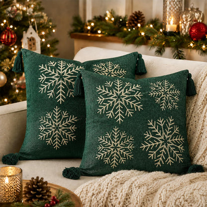 Tufted Snowflake Pillow Covers - Green Tasseled Snowflake