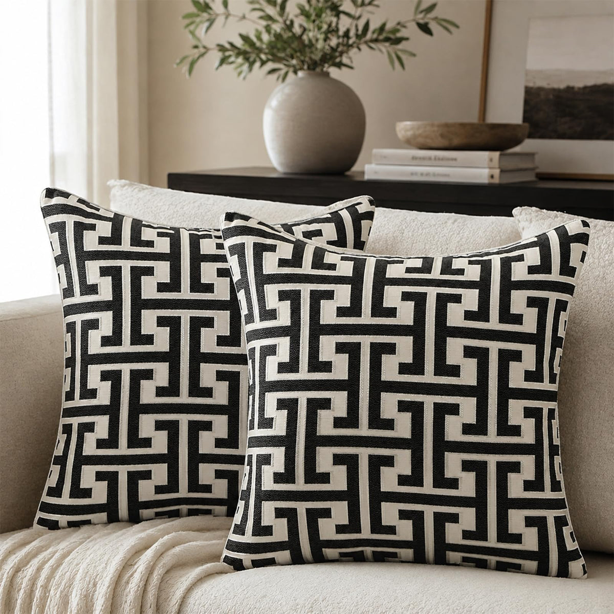 Geometric Jacquard Pillow Covers with Piping - Black